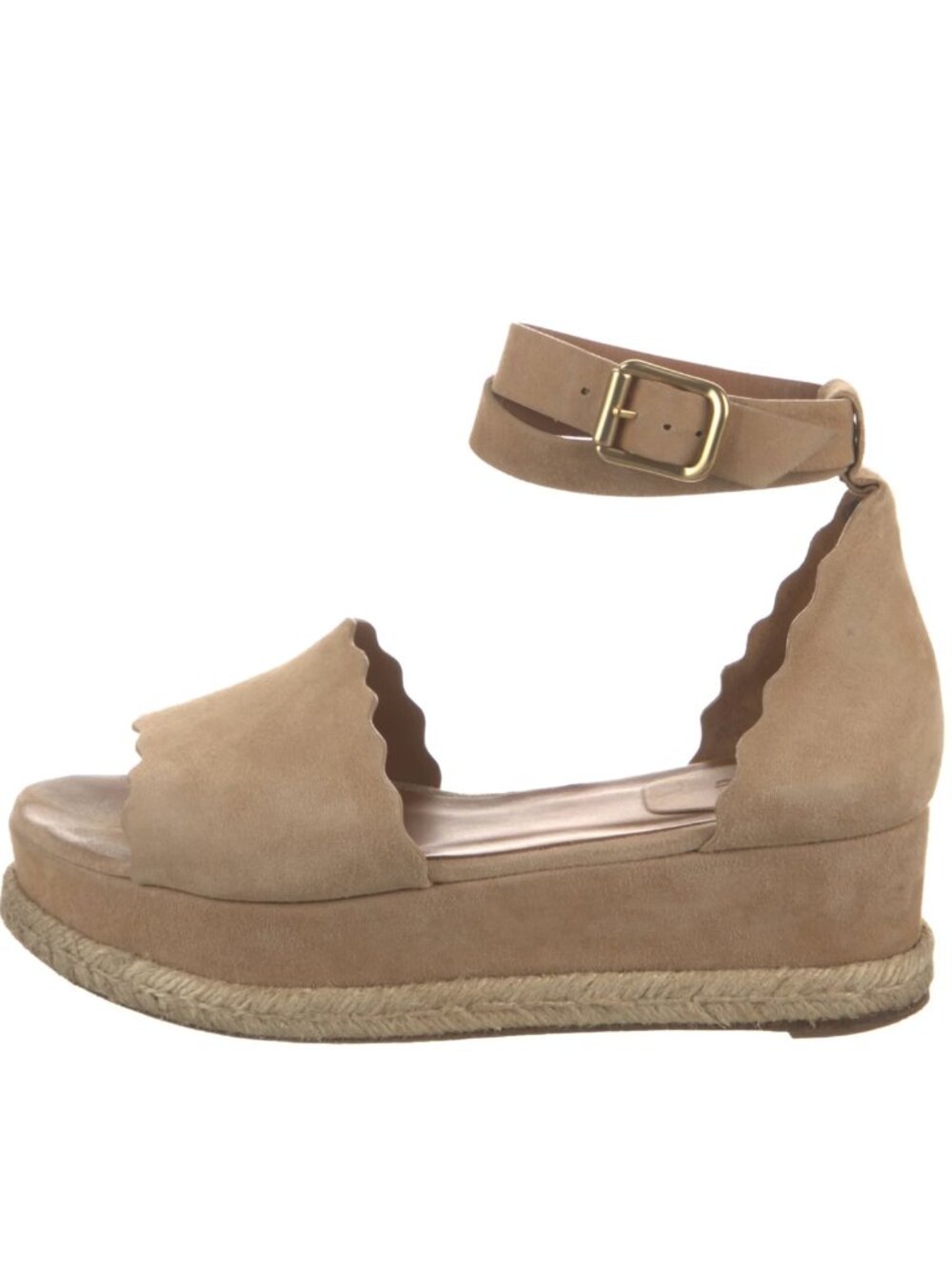 Chloé Lauren Scalloped Suede Espadrille Platform Sandals EU 38 Beige